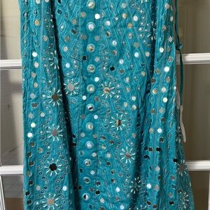 Soft Surroundings Turquoise Embroidered Maxi Skirt with Mirror Details